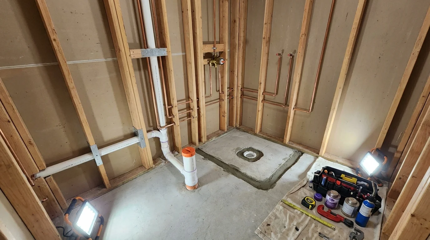 Bathroom rough-in plumbing during remodel by Johns Plumbing LLC in Elizabeth City