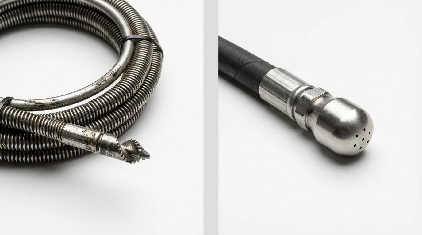 Drain snake cable and hydro jetting nozzle used for drain cleaning in Elizabeth City, NC