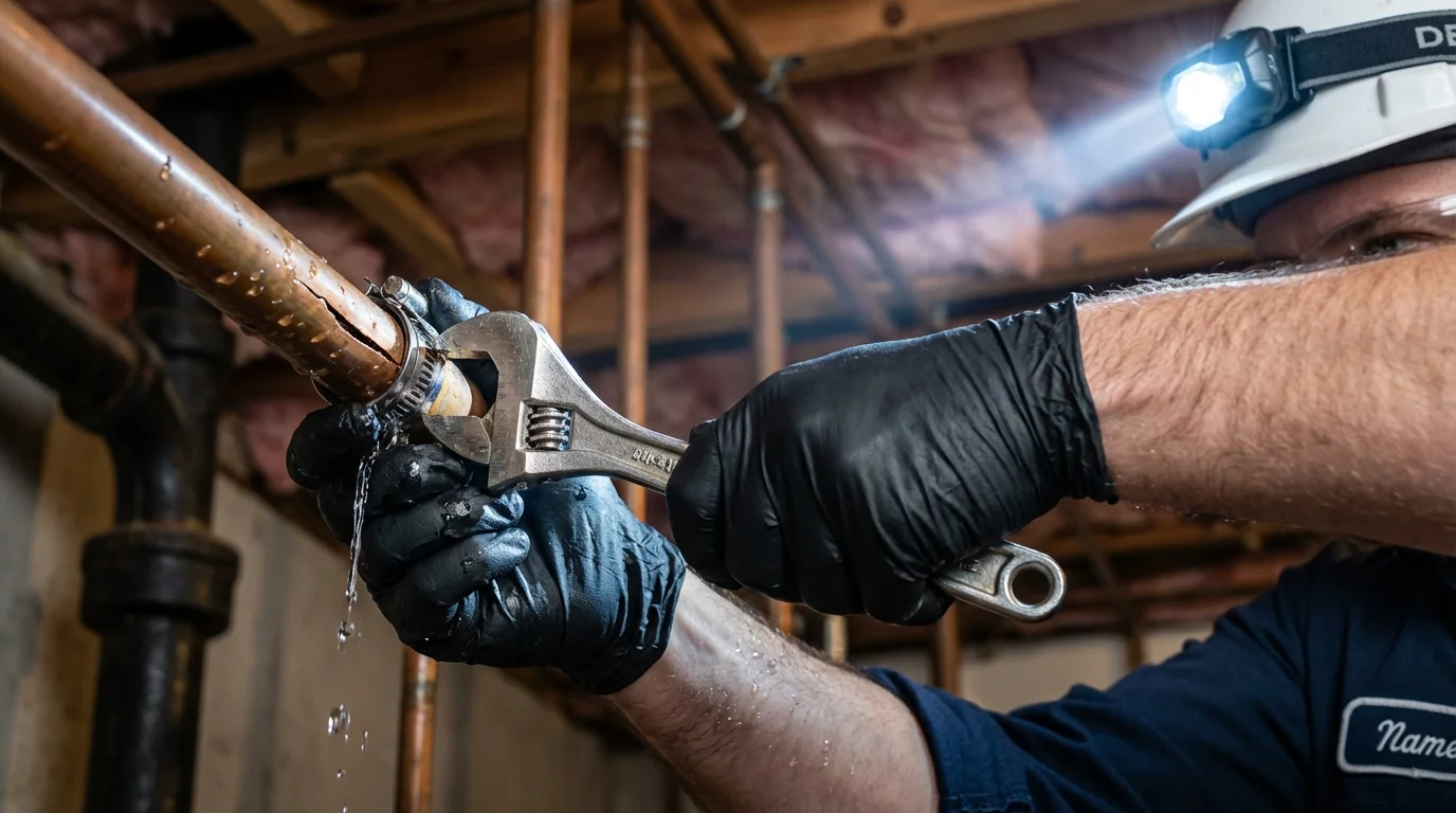 Emergency pipe clamp repair being performed by a Johns Plumbing LLC plumber in Elizabeth City