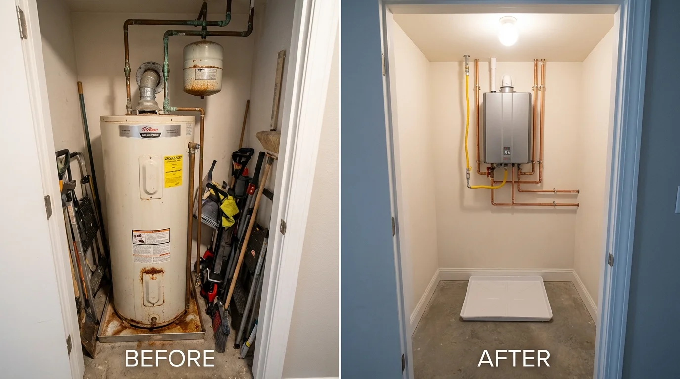 Tank water heater versus wall-mounted tankless unit comparison for Elizabeth City, NC homeowners