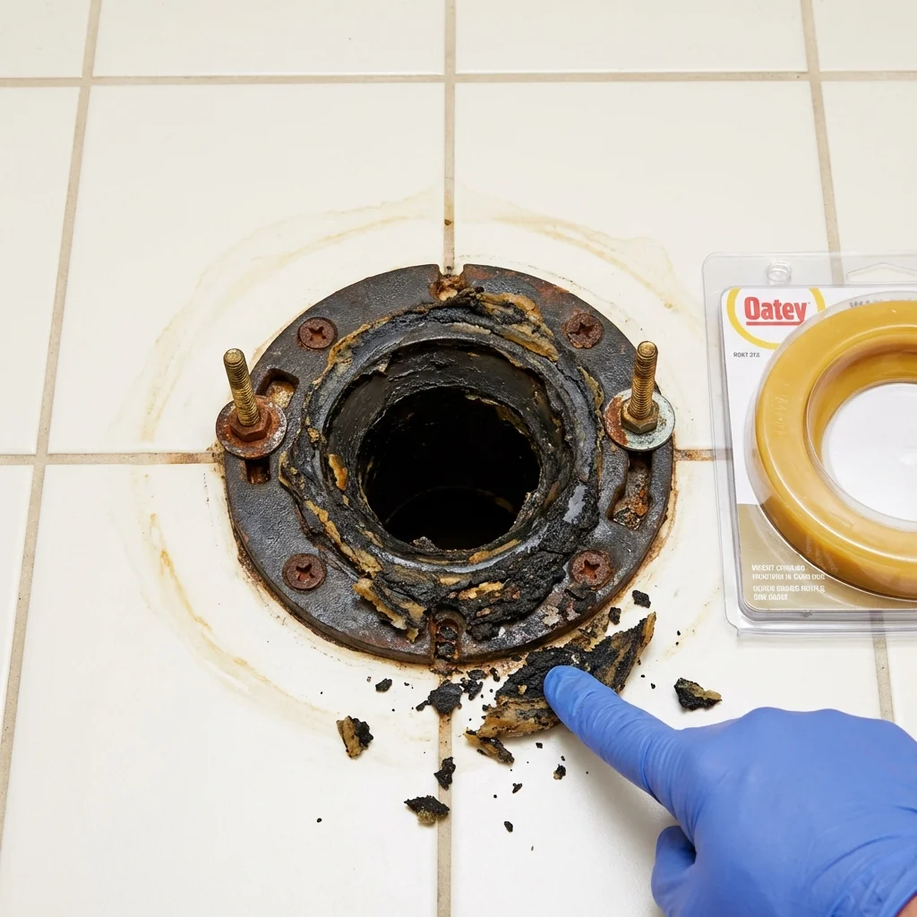 Failed wax ring showing water seepage at the base of a toilet in a Elizabeth City, NC home