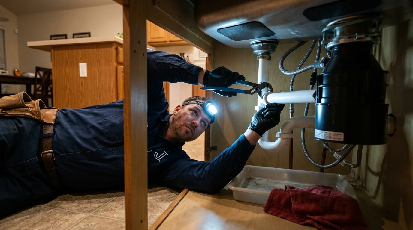 P-trap and supply line connections under a kitchen sink showing a common leak point in Elizabeth City, NC